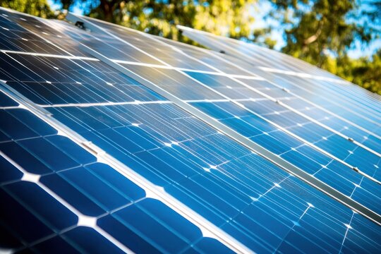 A large, curved solar panel array with a blue and white color scheme, mounted on a metal frame with a black background.