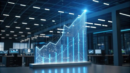 A futuristic digital graph displaying growth trends in a modern office environment, highlighting data analytics and technology.