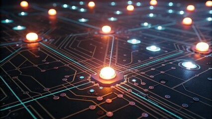 A close-up view of a circuit board with glowing lights, showcasing intricate pathways and electronic components.