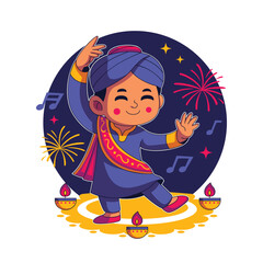 Happy Diwali Boy Dancing with Fireworks