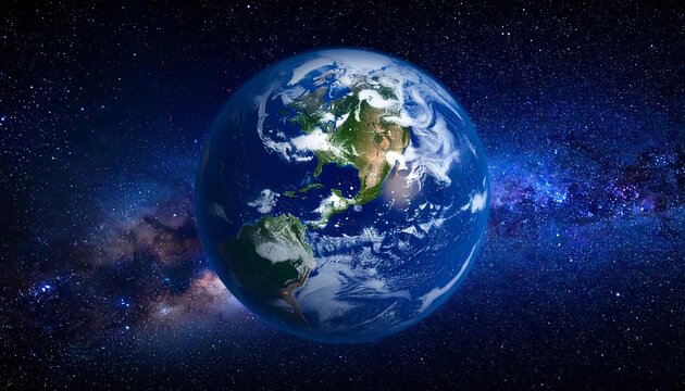 A vibrant depiction of Earth as a blue planet, showcasing continents and swirling clouds, set against a backdrop of a starry galaxy
