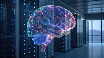A digital representation of a brain surrounded by glowing connections, set in a high-tech environment, symbolizing artificial intelligence and data processing.