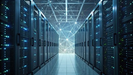 A high-tech server room with illuminated racks and a network of connections, showcasing modern data storage and connectivity.