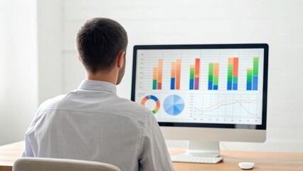 A person analyzes data on a computer screen, displaying colorful graphs and charts, indicating business or analytical work.
