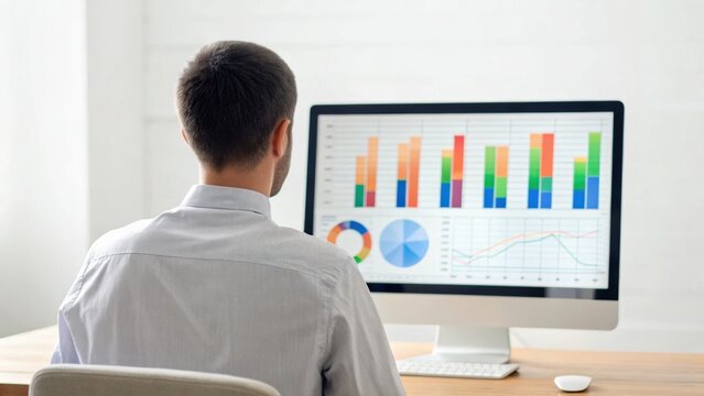 A person analyzes data on a computer screen, displaying colorful graphs and charts, indicating business or analytical work.