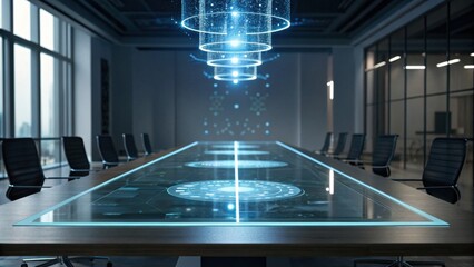 A modern conference room featuring a high-tech table with holographic displays and a futuristic design.