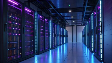 A modern data center featuring illuminated server racks, showcasing a high-tech environment with vibrant blue and purple lighting.