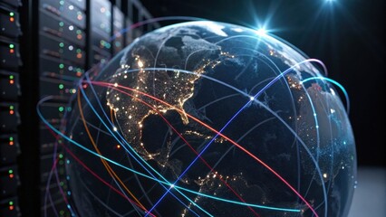 A digital globe surrounded by colorful data lines, symbolizing global connectivity and technology, set against a backdrop of server racks.