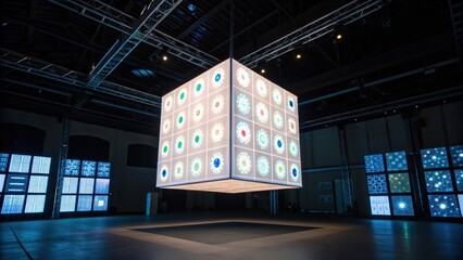 A large illuminated cube artwork hangs in an industrial space, surrounded by vibrant, patterned panels, creating a dynamic visual experience.