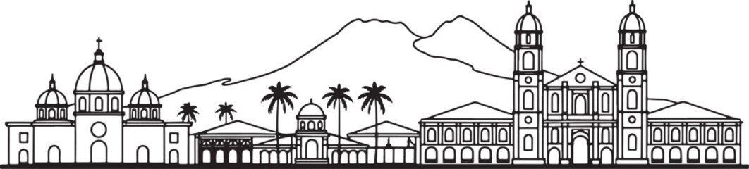 Outline illustration of naga city philippines skyline with mountain and building