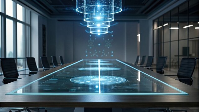 A modern conference room featuring a high-tech table with holographic displays and a futuristic design.