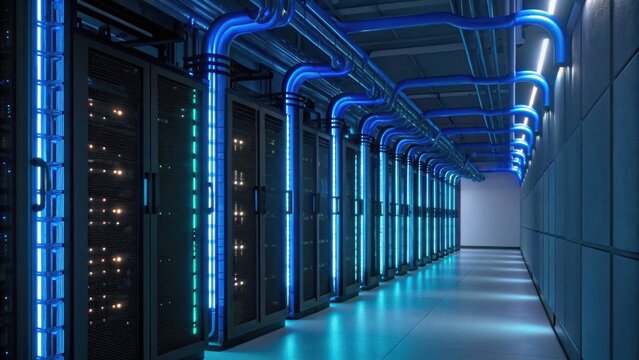 A high-tech server room featuring rows of servers with illuminated blue pipes, creating a futuristic and efficient data storage environment.