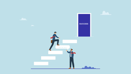 Businessman expert with speech bubble help connect stairway to success. Expert advice or intelligence information to solve business problem, professional consultant or support giving solution.