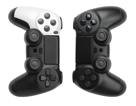 Two Modern Video Game Controllers Side by Side, Front View, Isolated Transparent Background 