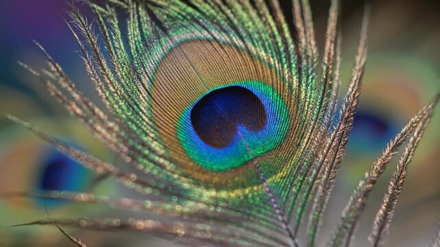 P236-A close up photograph of a vibrant multicolored peacock feather with a blurred abstract background c_4K_10s 60260583 1