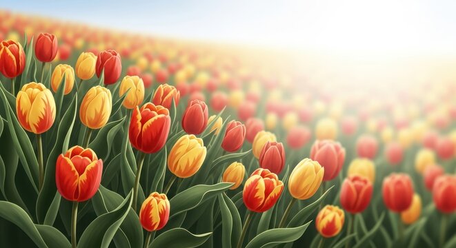 A vibrant tulip field, showcasing the beautiful colors and shapes of spring tulips - Powered by Adobe