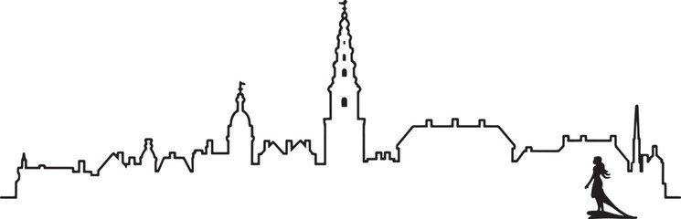 Silhouette skyline of copenhagen with city landmarks on transparent background