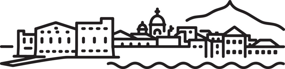 Silhouette vector of city outline with buildings sea and mountain landscape