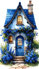 Cozy countryside home with floral garden and arched blue door high resolution image