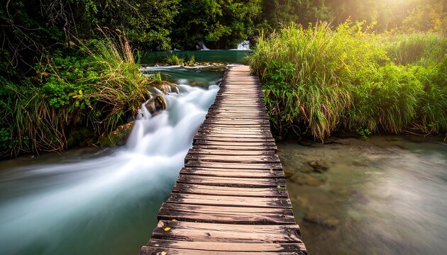 A wooden bridge spans a rushing, blurred river with small waterfalls. Lush green foliage surrounds the water. Sunlight streams through the trees