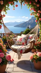 Cozy hammock setup with pink cushions and lake backdrop high resolution image