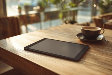 A digital tablet and a dark coffee cup with a saucer rest on a wooden table. The background is a softly blurred cafe interior with natural light filtering in.