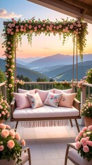 Cozy outdoor floral swing with breathtaking sunset view high resolution image