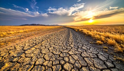 A sunlit, cracked earth path stretches toward a vibrant sunset over a field of golden grass under a dynamic sky