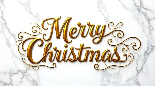 Golden merry christmas text with flourishes on a white marble patterned background design element