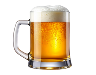 Classic Beer Mug Filled with Golden Beer, Front View, Isolated on Transparent Background