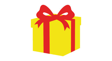 Bright yellow gift box with red ribbon and bow isolated on white background for celebrations