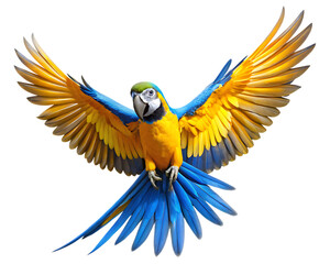 Fototapeta premium Blue and gold macaw bird with wings spread isolated on white background isolated on transparent background