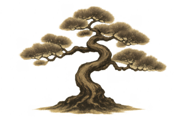 Japanese bonsai pine tree traditional sepia illustration