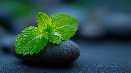 Peaceful visual for eco meditation apps with fresh green mint leaf on smooth black stone in soft focus