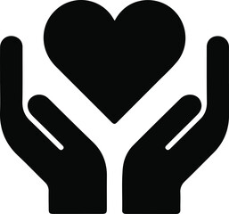 Hands holding heart icon for care and compassion, Black silhouette of two hands lifting a heart, symbolizing love, support, charity, kindness, protection, and emotional care concepts.

