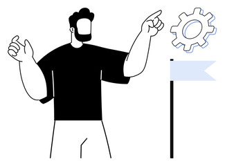 Man guiding focus toward a gear amidst a flag symbolizing goal orientation and management skills. Ideal for leadership, teamwork, strategy, innovation, objectives, process, success. A simple flat