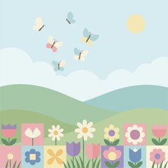 Naklejka premium Spring Floral MeadowA bright flat-vector landscape of a spring meadow, blooming wildflowers, soft hills, butterflies in the sky, pastel color palette, minimal details, clean geometric shapes, modern