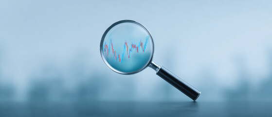 Magnifying Glass Focusing on Stock Market Chart, Financial Analysis and Investment Research Concept, Business and Economic Data Visualization, Blue Background, Close-up View, Market Trends 