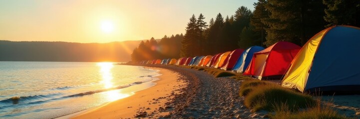 Bright morning sun illuminates vibrant tents along Lake St Clair's shoreline , canvas, lake, dawn