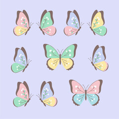 Spring Butterfly Collection

Flat-vector set of simple butterfly designs in pastel colors, symmetrical wings with minimal floral accents, clean and modern flat style. solid colour