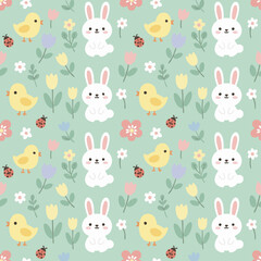 Obraz premium Spring Animal PatternSeamless flat-vector pattern featuring bunnies, chicks, butterflies, ladybugs, and flowers, pastel palette, simple shapes, repeating tile, modern cute spring aesthetic. solid co
