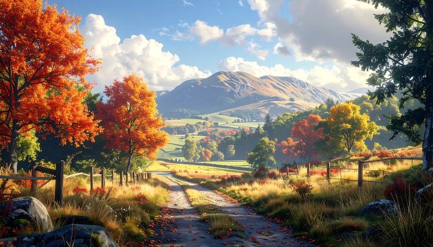 A winding dirt path through a vibrant autumn landscape, featuring colorful trees, rolling hills, and a partly cloudy sky