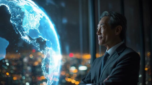 Global Visionary: A distinguished professional gazes upon a luminous digital representation of the globe, contemplating the future and global connectivity.