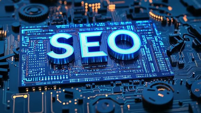 SEO concept on a futuristic circuit board. Digital marketing strategy.