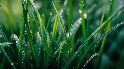 Close up shot of vibrant green grass blades covered in glistening water droplets outdoors in nature
