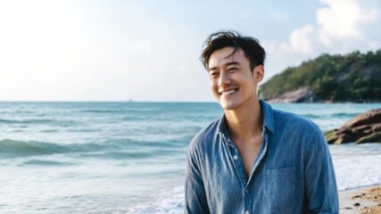 Coastal Serenity: A man, exuding tranquility, enjoys a moment of bliss by the shore, basking in the sun's warm embrace.