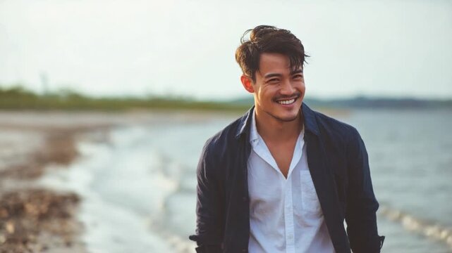 Radiant Stroll: A man radiates confidence and contentment as he strolls along a tranquil beach, embracing the serenity of a sun-kissed day. The beachside setting enhances the overall sense of peace.