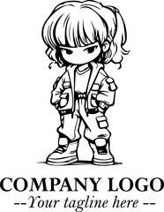 Black and White Chibi Girl Standing in Jacket, Pants, and Boots. Simple Bold Vector Illustration
