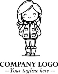 Black and White Chibi Girl Standing in Jacket, Pants, and Boots. Simple Bold Vector Illustration
