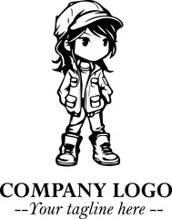 Black and White Chibi Girl Standing in Jacket, Pants, and Boots. Simple Bold Vector Illustration
